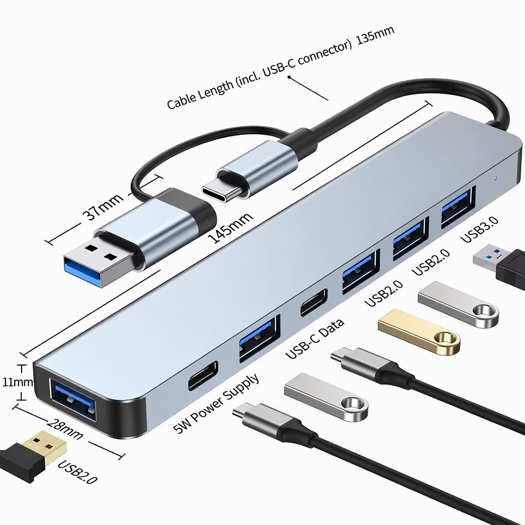 Premium USB 3.0 Hub with SD & TF Card Reader and USB‑C Adapter