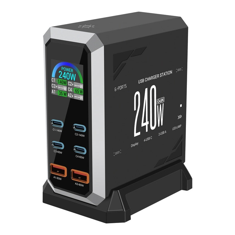 Premium 240W GaN 6‑in‑1 USB‑C Multiport Charger with LCD Display