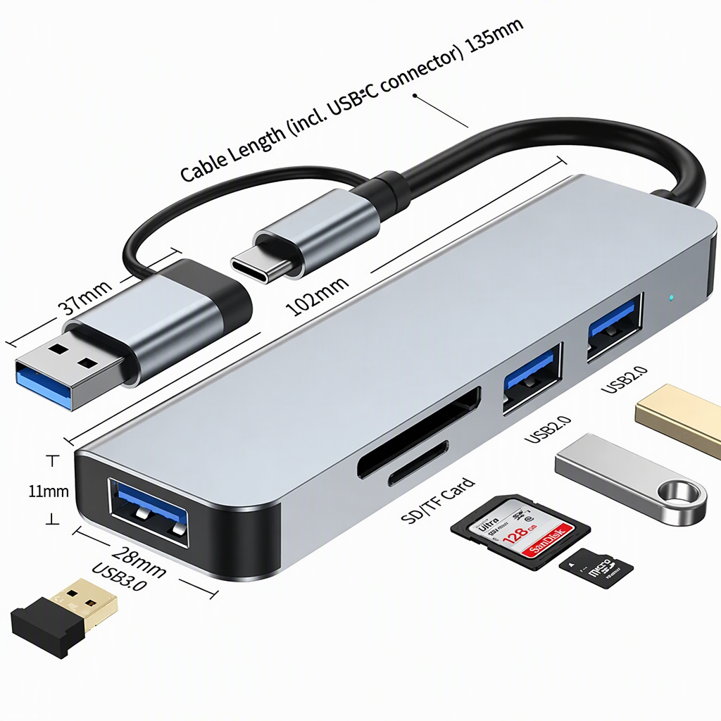 Premium USB 3.0 Hub with SD & TF Card Reader and USB‑C Adapter